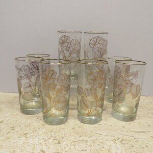 VTG Libby White Morning Glory Floral White & Gold High Ball Glasses Set of 8.